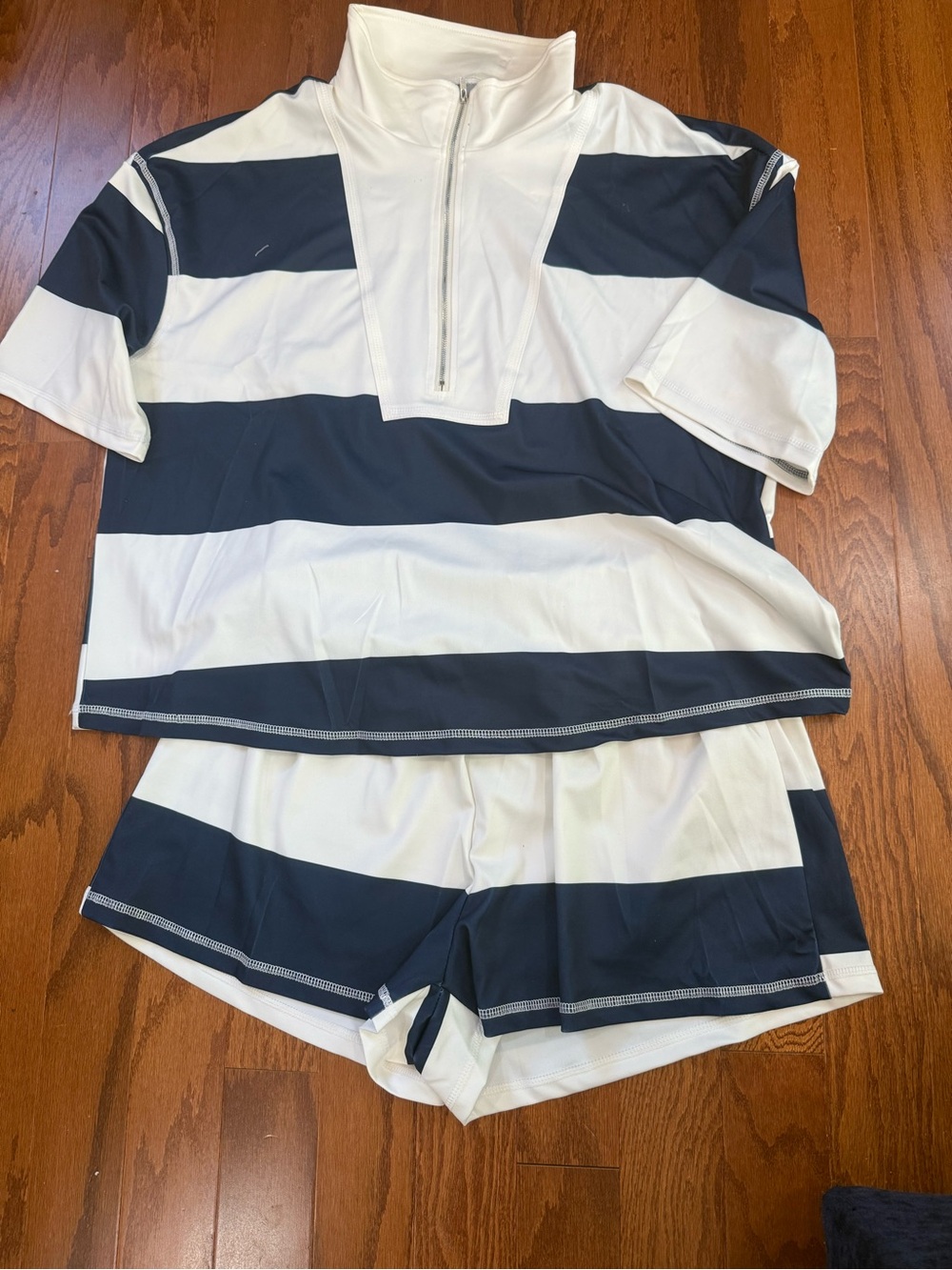 Coastal Navy Stripe Lounge Set Quarter Zip Top & Shorts - Picture 4 of 8